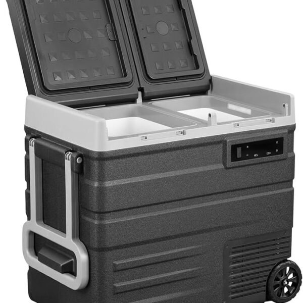 Oferta por tiempo limitado：Congelador portátil para auto con ruedas Alpicool UD65 con dos compartimentos, refrigerador de 12 voltios, 60 cuartos de galón de enfriamiento rápido, con 12/24 V CC y 100-240 V CA para exteriores, camping, autocaravanas y camiones.